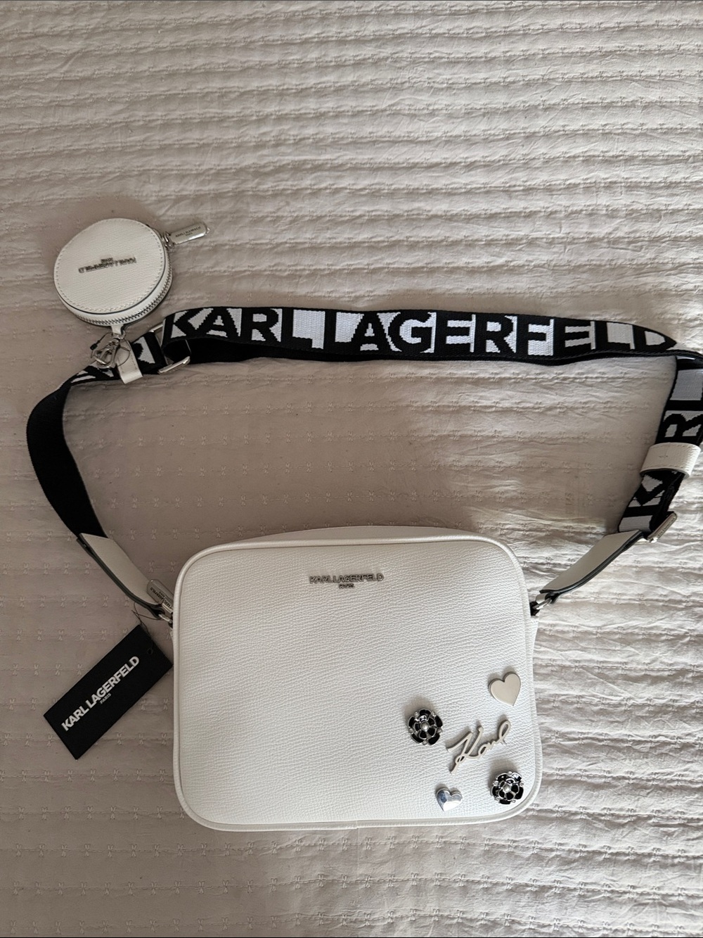 Karl Lagerfeld White Pebbled Crossbody Shoulder Bag w/ Iconic Logo Strap & Pouch - Picture 5 of 13